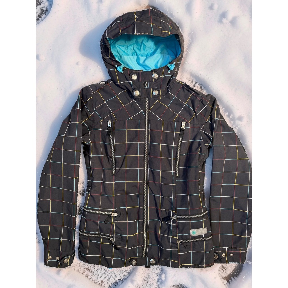 Burton Dryride Snowboard Jacket Womens Small Black Multi Color Grid Plaid Hooded